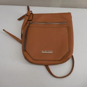 Kenneth Cole Tan Faux Leather Crossbody Handbag Double Zip Pockets Purse 8"x9"